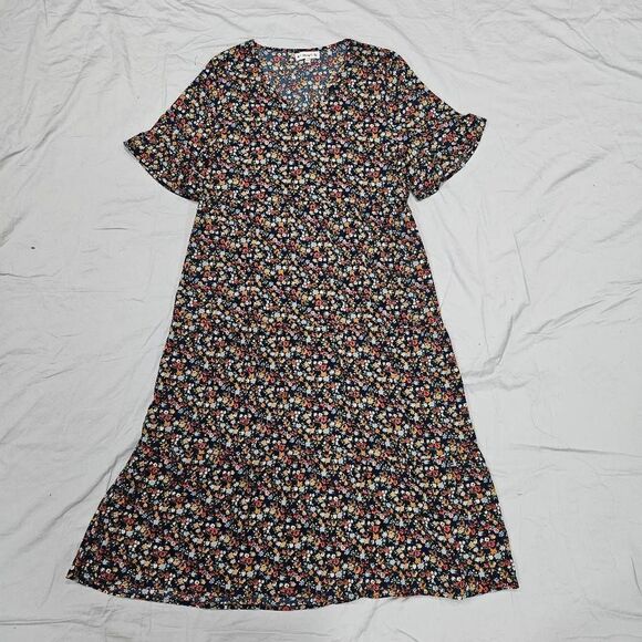 Elings Navy Floral Ruffle V-Neck Puff-Sleeve Midi Dress Size Large - Picture 2 of 6